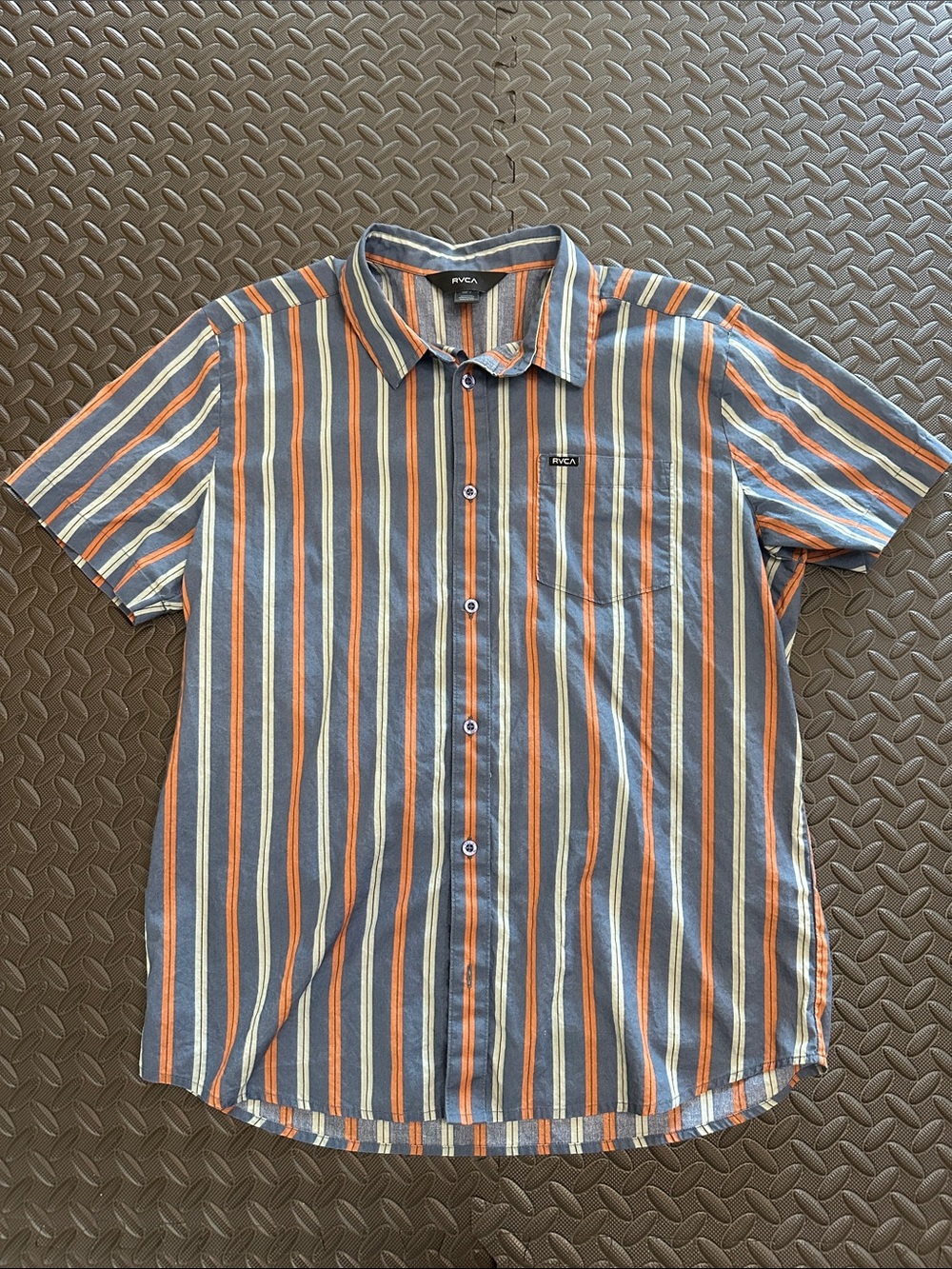 RVCA Men’s Blue, Orange & Cream Vertical Stripe Short-Sleeve Shirt